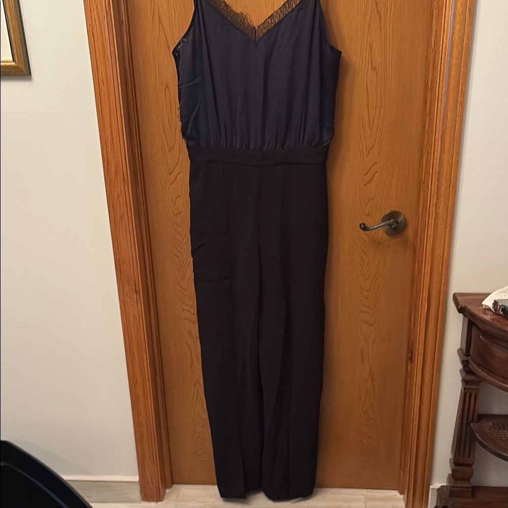 Black & Navy Zara Jumpsuit with Lace Side, Pant Leg Front Slits, Button Back